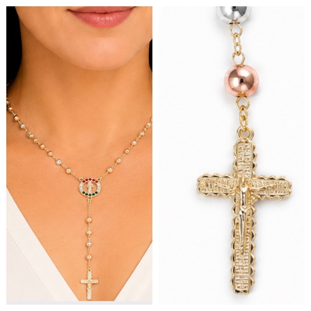 Tri-Color Rosary Necklace Virgin Mary Medal Cross Crucifix Gold Silver Rose Tone